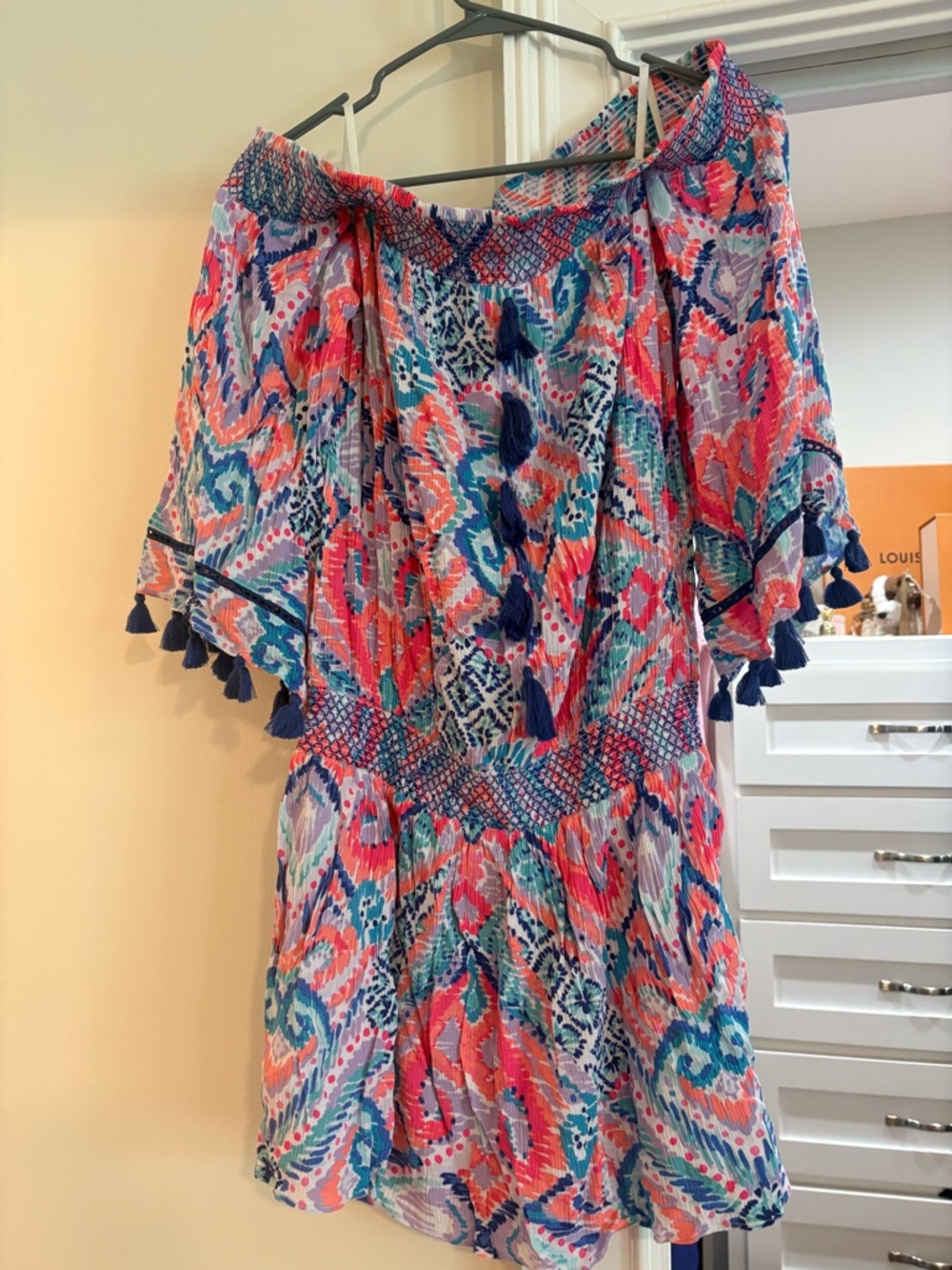 Lilly Pulitzer Multicolor Smocked Off-Shoulder dress - Coral, Turquoise & Navy